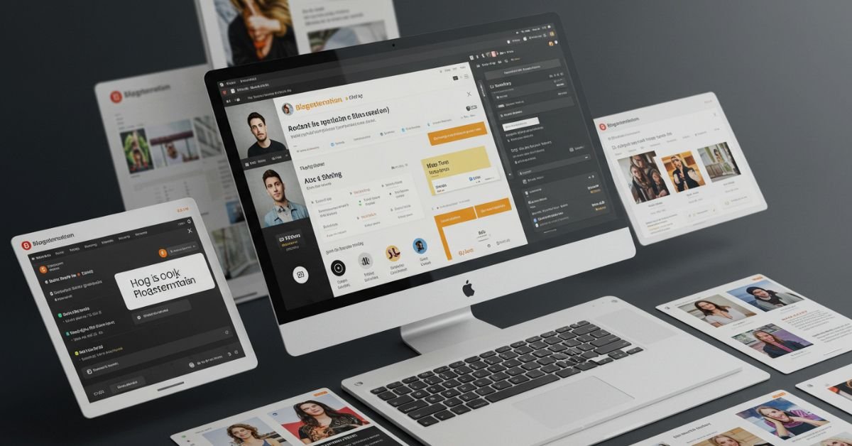 A sleek workspace featuring an iMac displaying the Blogsternation.com platform, with multiple floating UI screens showcasing user profiles, messaging, and dashboard features.