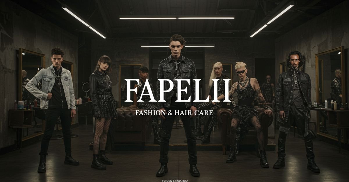 A stylish group dressed in edgy fashion posing in an industrial-style barbershop for Fapelli Fashion & Hair Care.