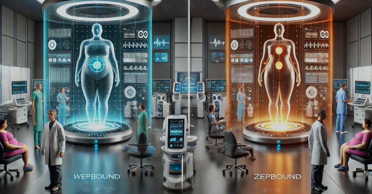 A futuristic medical lab comparing Wepbound and Zepbound treatments with holographic human models.